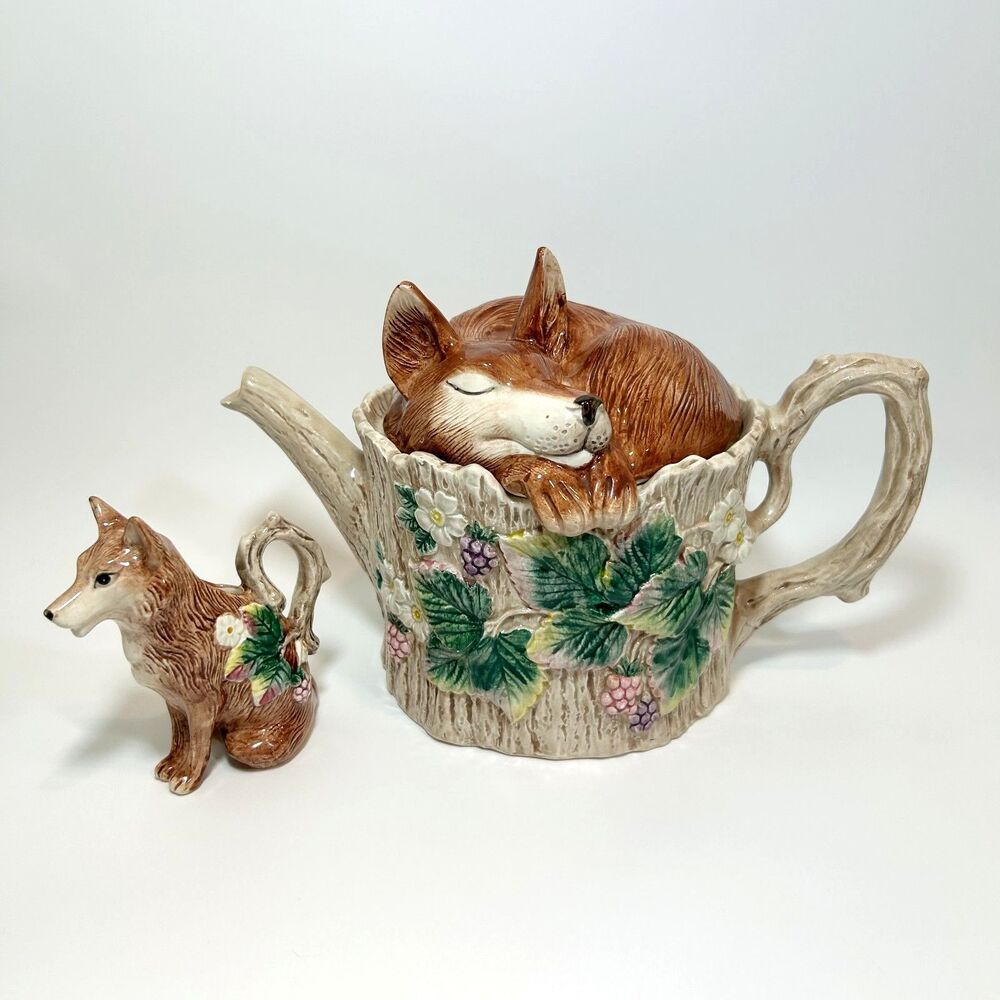 Fitz & Floyd 1990 Ceramic Fox Teapot & Creamer 2/Piece Garden Forest Animals